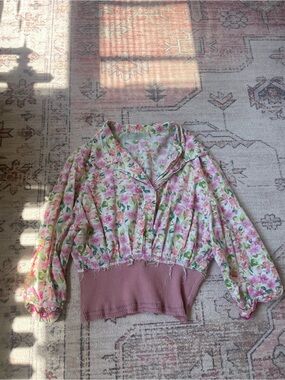 Upcycled Floral Button-Up Coquette Pink Blouse Romantic Cottage Womens S